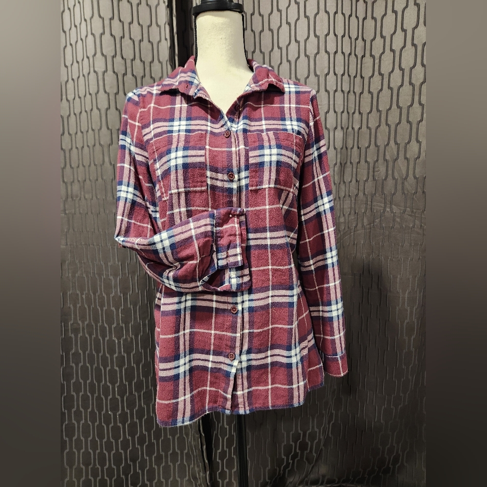 Behind The Seams Plaid Button-Up Shirt in Red and Blue